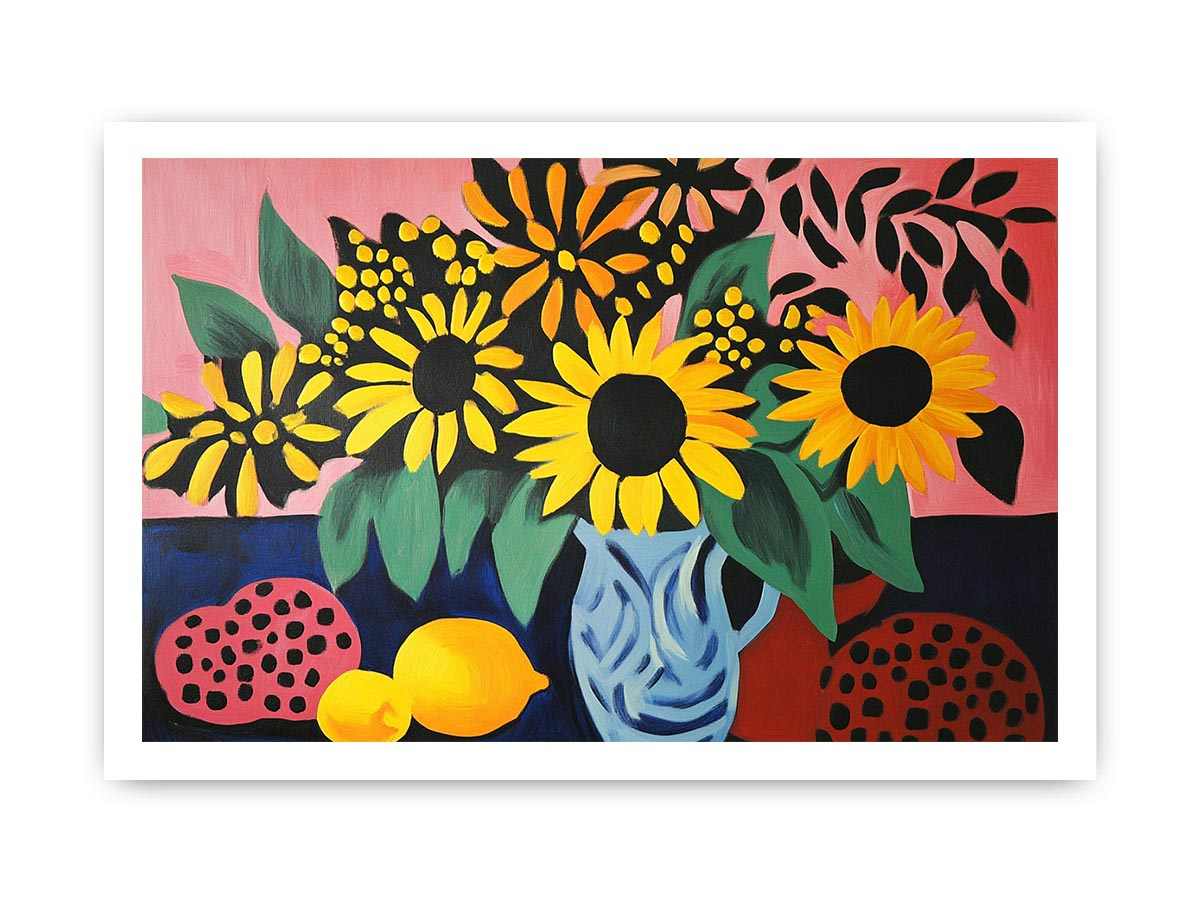 Bold sunflower still life canvas art for colourful living room decor.