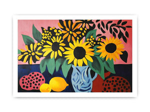 Bold sunflower still life canvas art for colourful living room decor.