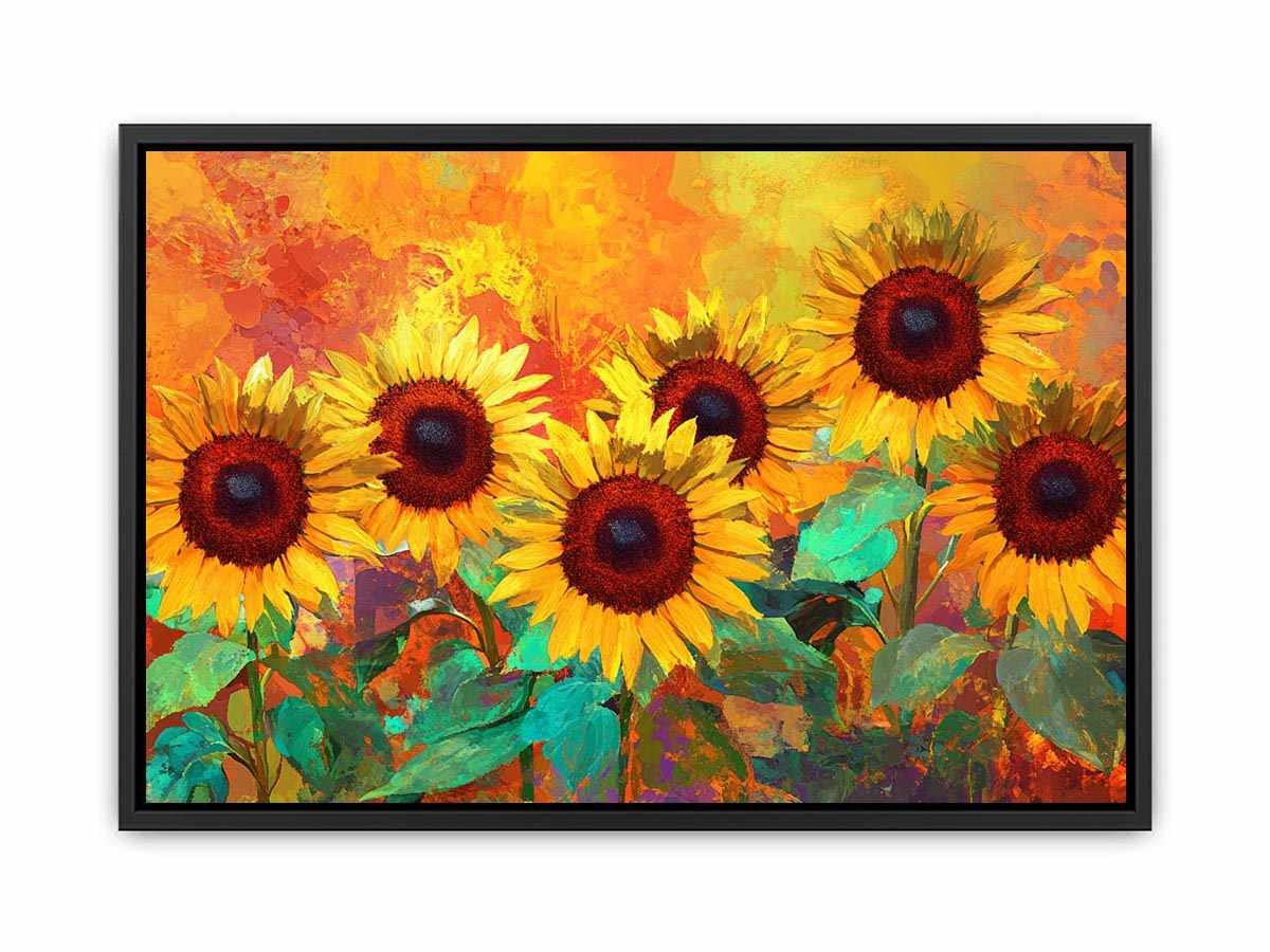 sunflower field canvas art with warm orange tones for living room decor.