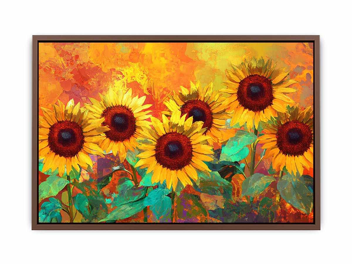 sunflower field canvas art with warm orange tones for living room decor.