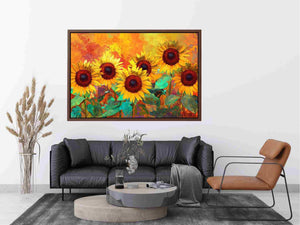 sunflower field canvas art with warm orange tones for living room decor.
