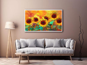 sunflower field canvas art with warm orange tones for living room decor.