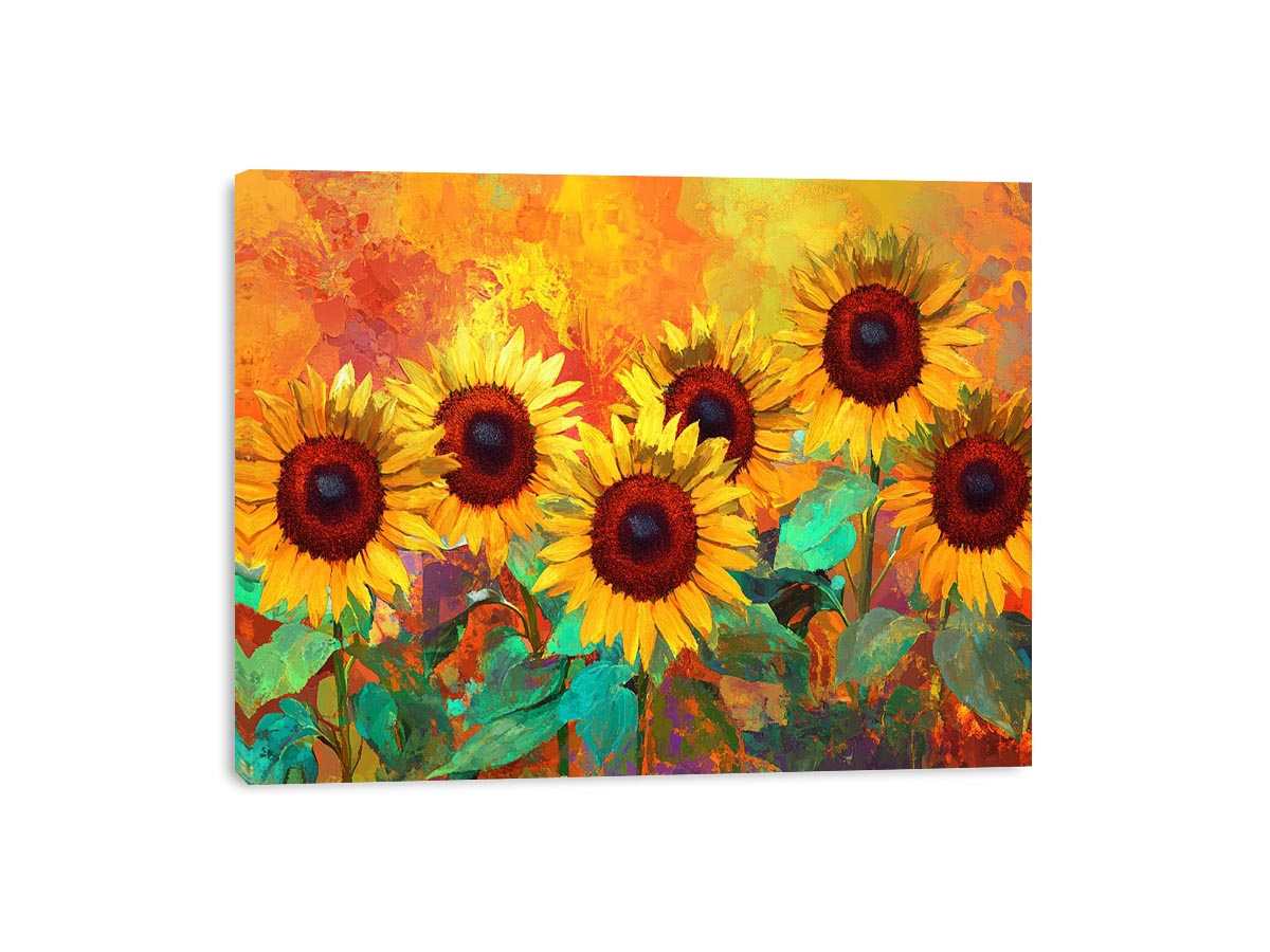 sunflower field canvas art with warm orange tones for living room decor.