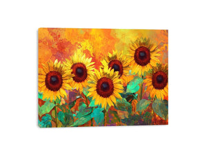 sunflower field canvas art with warm orange tones for living room decor.