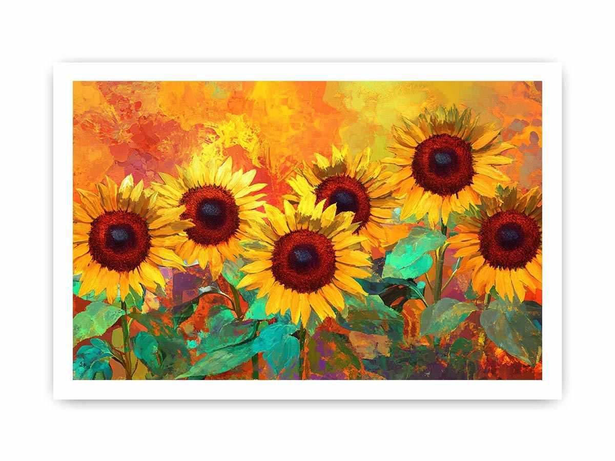 sunflower field canvas art with warm orange tones for living room decor.