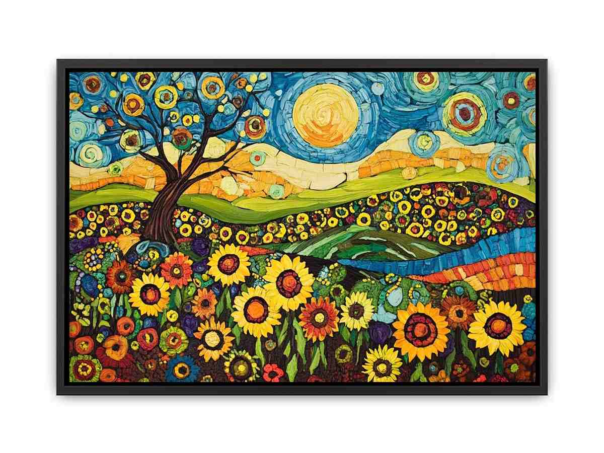 Whimsical sunflower meadow canvas art with tree and blue sky for creative decor.