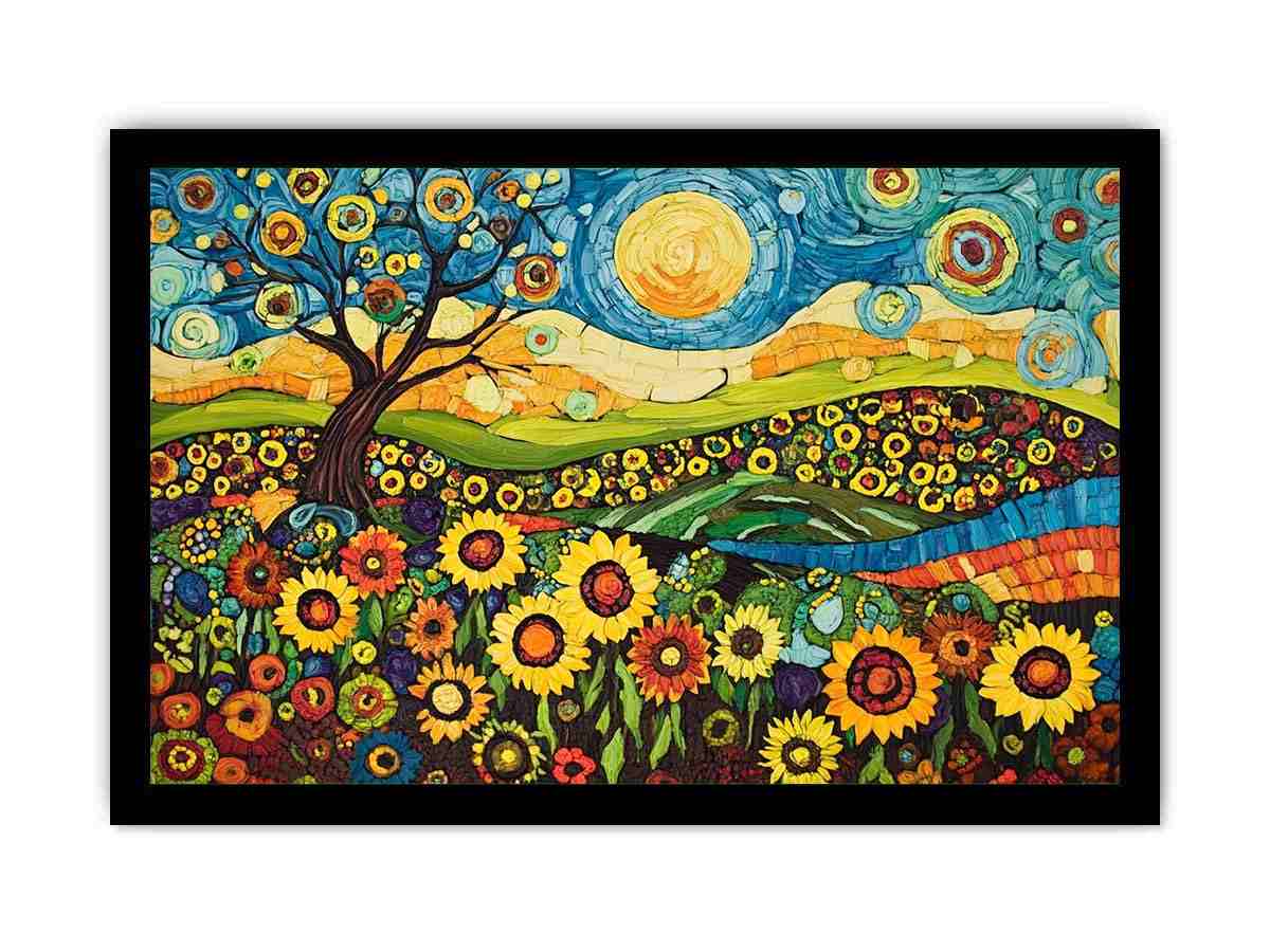 Whimsical sunflower meadow canvas art with tree and blue sky for creative decor.