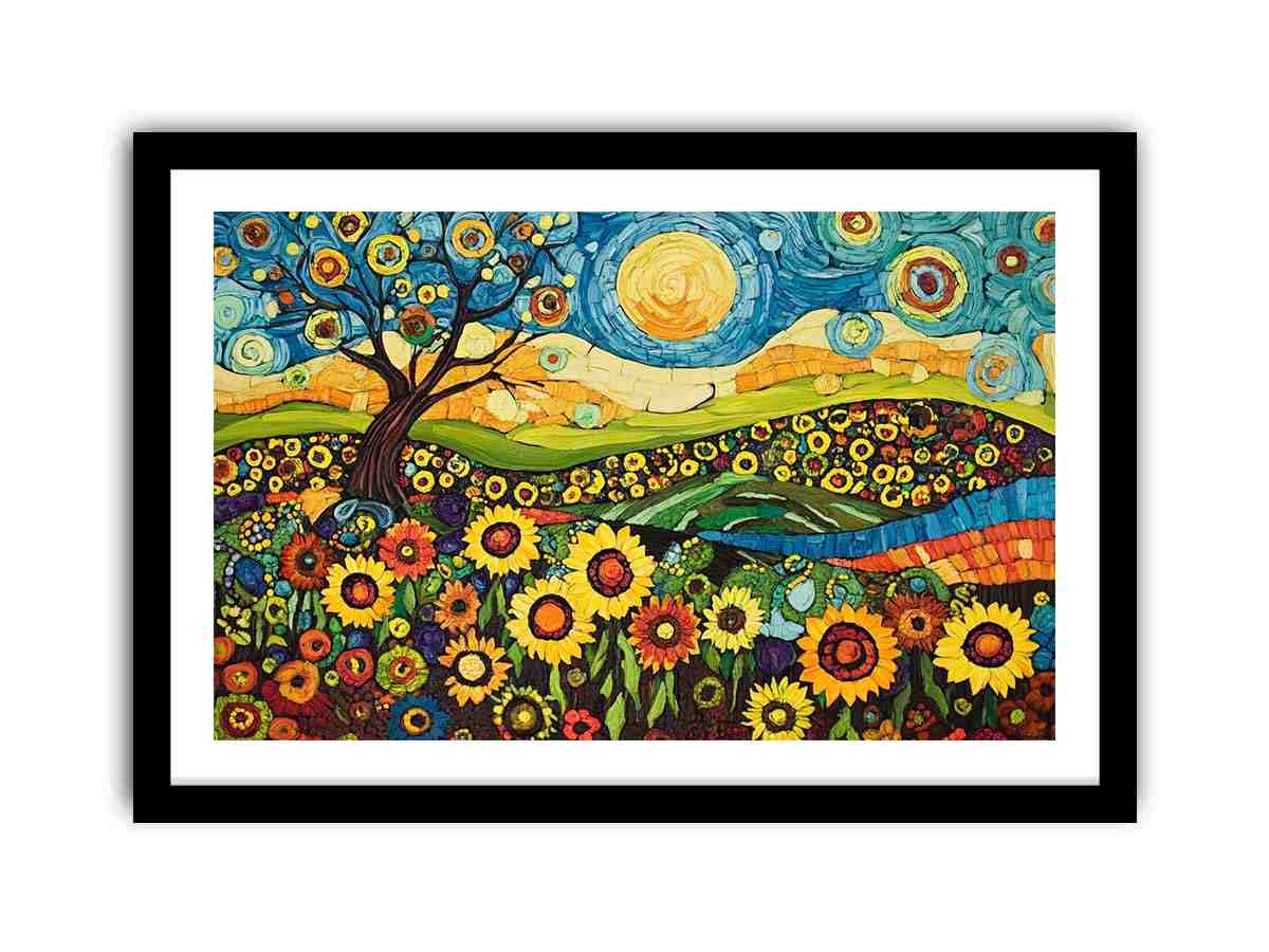 Whimsical sunflower meadow canvas art with tree and blue sky for creative decor.