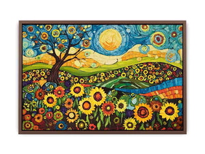 Whimsical sunflower meadow canvas art with tree and blue sky for creative decor.