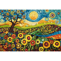 Whimsical sunflower meadow canvas art with tree and blue sky for creative decor.