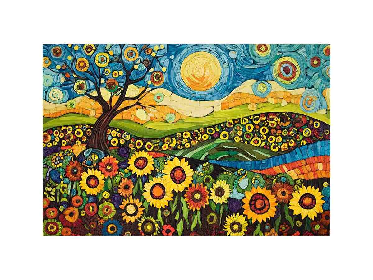 Whimsical sunflower meadow canvas art with tree and blue sky for creative decor.