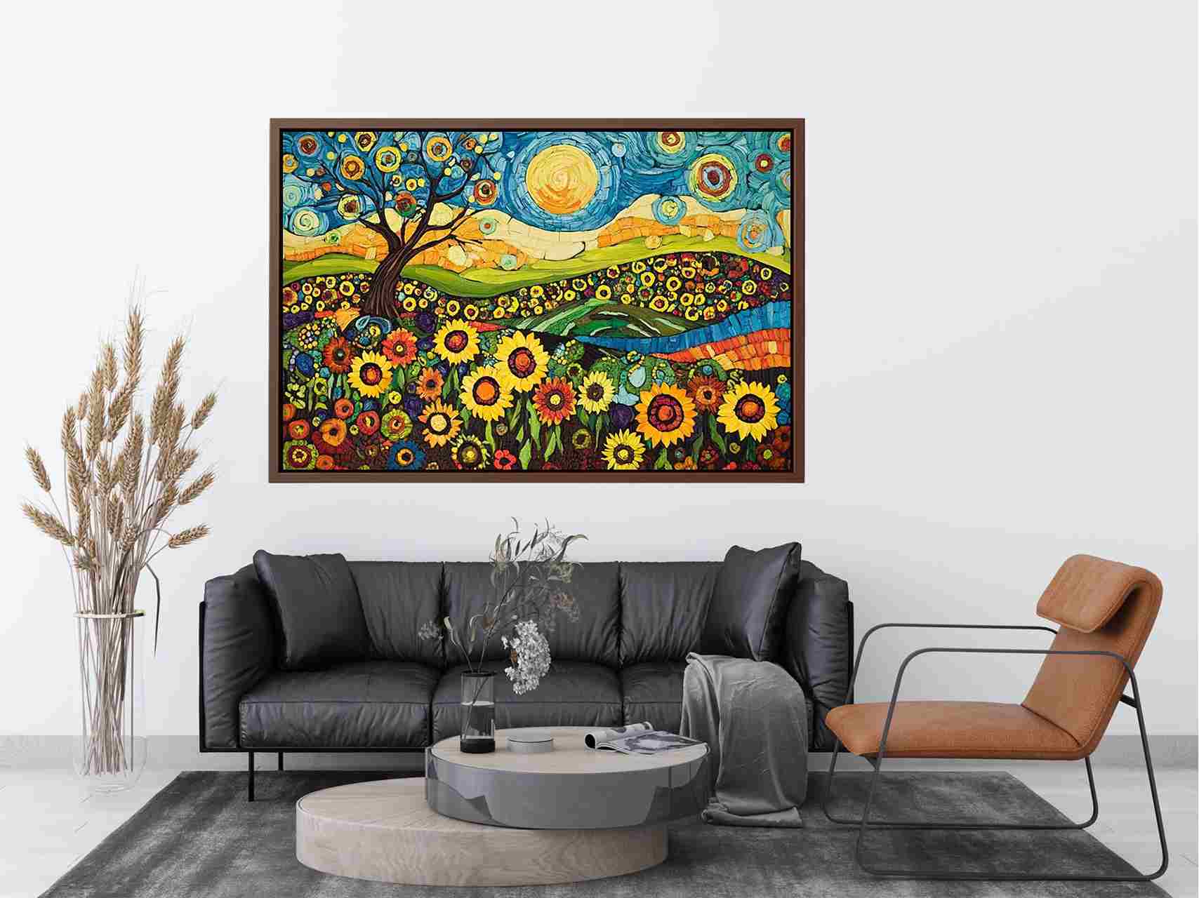 Whimsical sunflower meadow canvas art with tree and blue sky for creative decor.