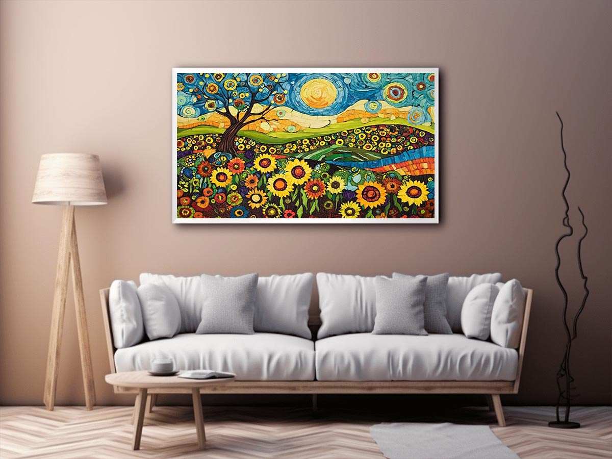 Whimsical sunflower meadow canvas art with tree and blue sky for creative decor.