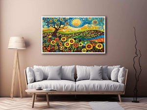 Whimsical sunflower meadow canvas art with tree and blue sky for creative decor.