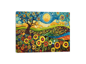 Whimsical sunflower meadow canvas art with tree and blue sky for creative decor.