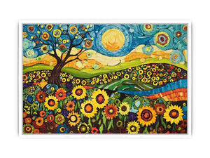 Whimsical sunflower meadow canvas art with tree and blue sky for creative decor.