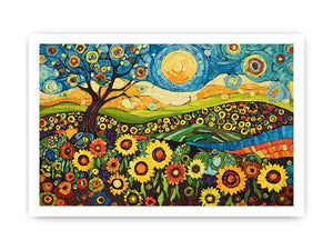 Whimsical sunflower meadow canvas art with tree and blue sky for creative decor.