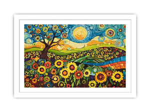 Whimsical sunflower meadow canvas art with tree and blue sky for creative decor.