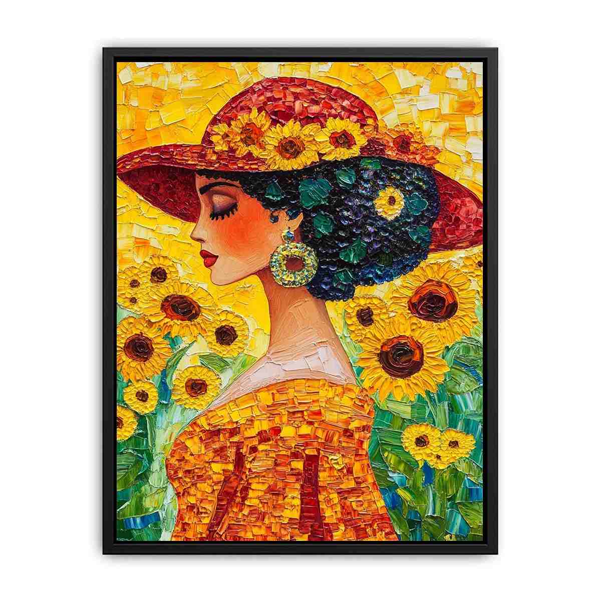 Elegant woman portrait canvas art with sunflowers and red hat for bedroom decor.