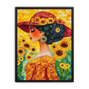Elegant woman portrait canvas art with sunflowers and red hat for bedroom decor.