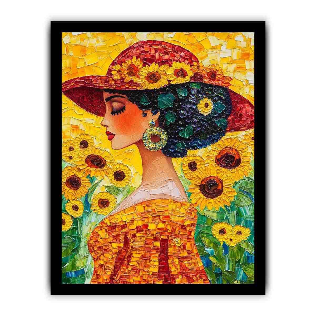 Elegant woman portrait canvas art with sunflowers and red hat for bedroom decor.