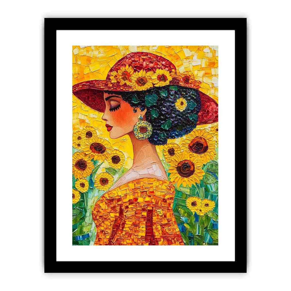 Elegant woman portrait canvas art with sunflowers and red hat for bedroom decor.
