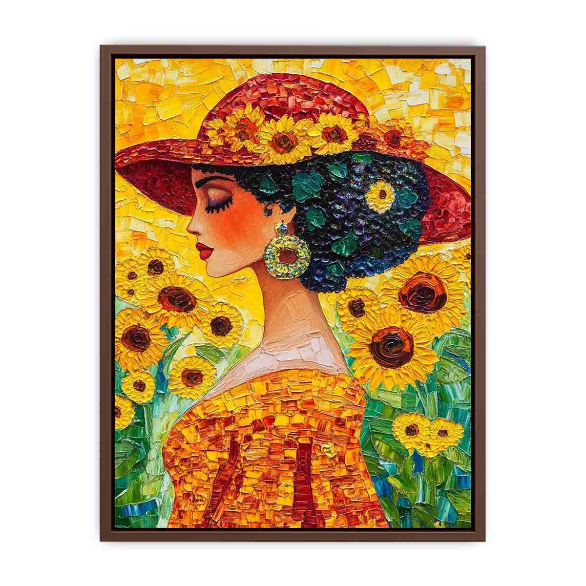 Elegant woman portrait canvas art with sunflowers and red hat for bedroom decor.