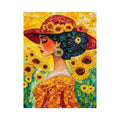 Elegant woman portrait canvas art with sunflowers and red hat for bedroom decor.