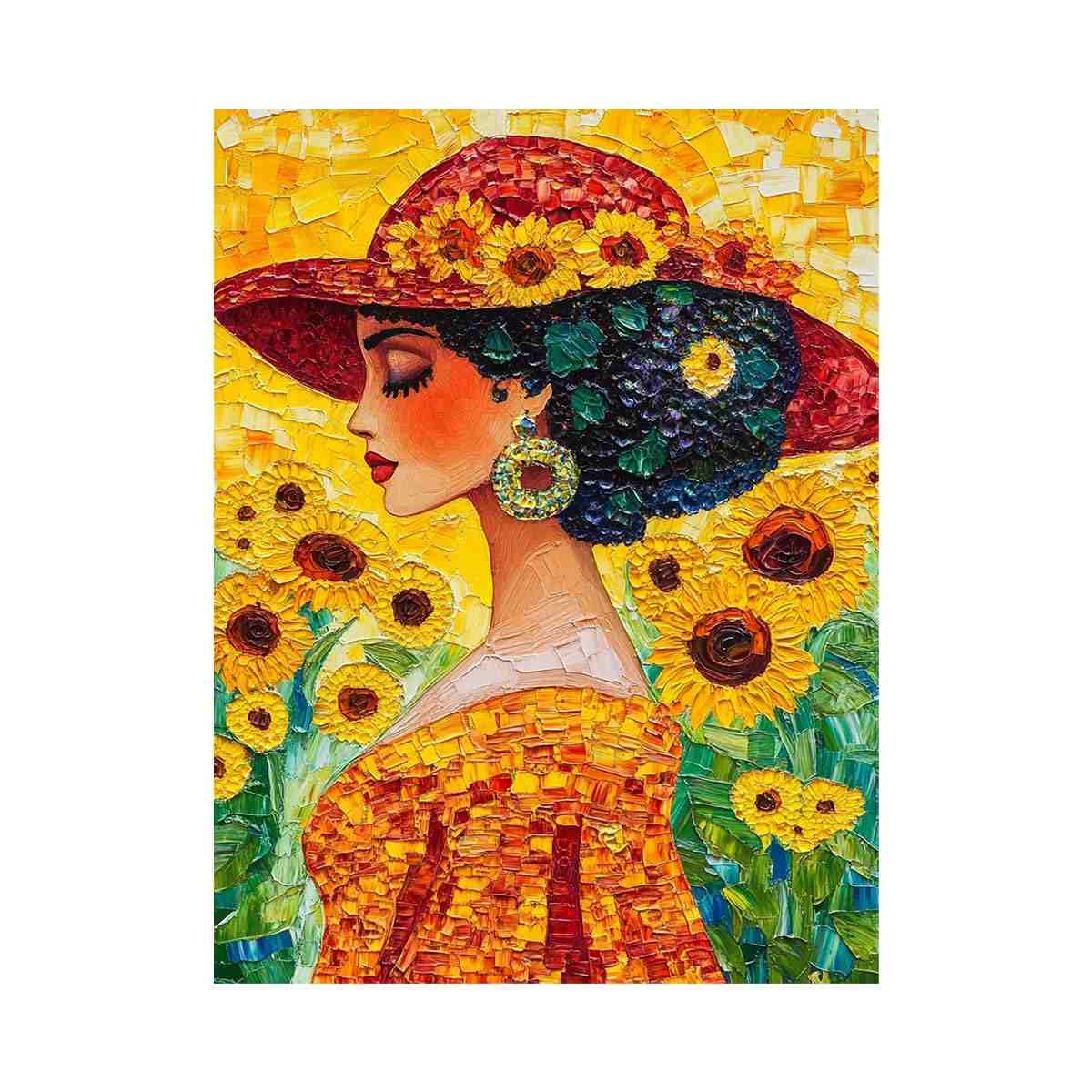 Elegant woman portrait canvas art with sunflowers and red hat for bedroom decor.