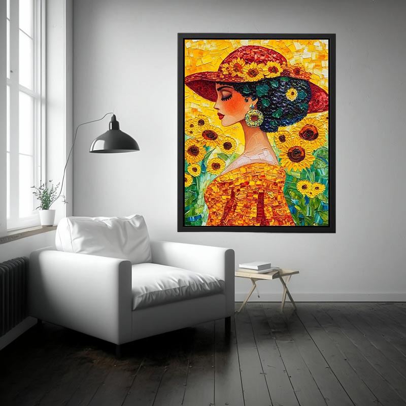 Elegant woman portrait canvas art with sunflowers and red hat for bedroom decor.