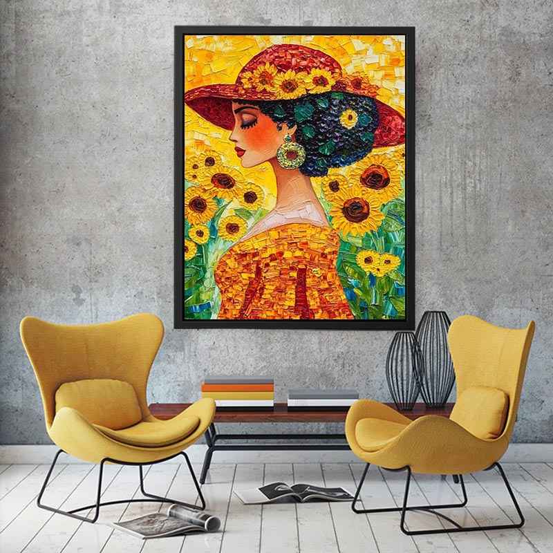 Elegant woman portrait canvas art with sunflowers and red hat for bedroom decor.