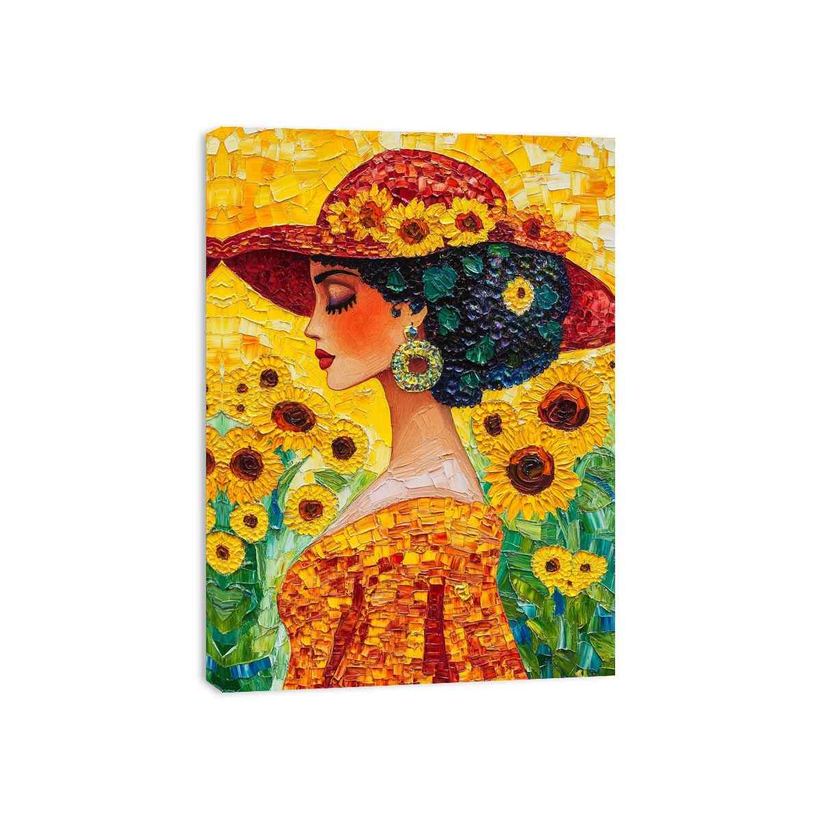 Elegant woman portrait canvas art with sunflowers and red hat for bedroom decor.