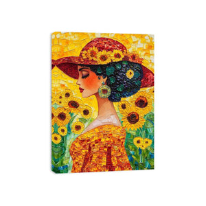 Elegant woman portrait canvas art with sunflowers and red hat for bedroom decor.