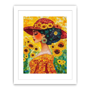 Elegant woman portrait canvas art with sunflowers and red hat for bedroom decor.