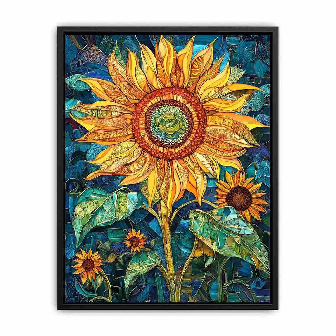 Large sunflower mosaic canvas art in yellow and teal for modern room decor.