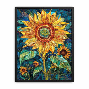 Large sunflower mosaic canvas art in yellow and teal for modern room decor.