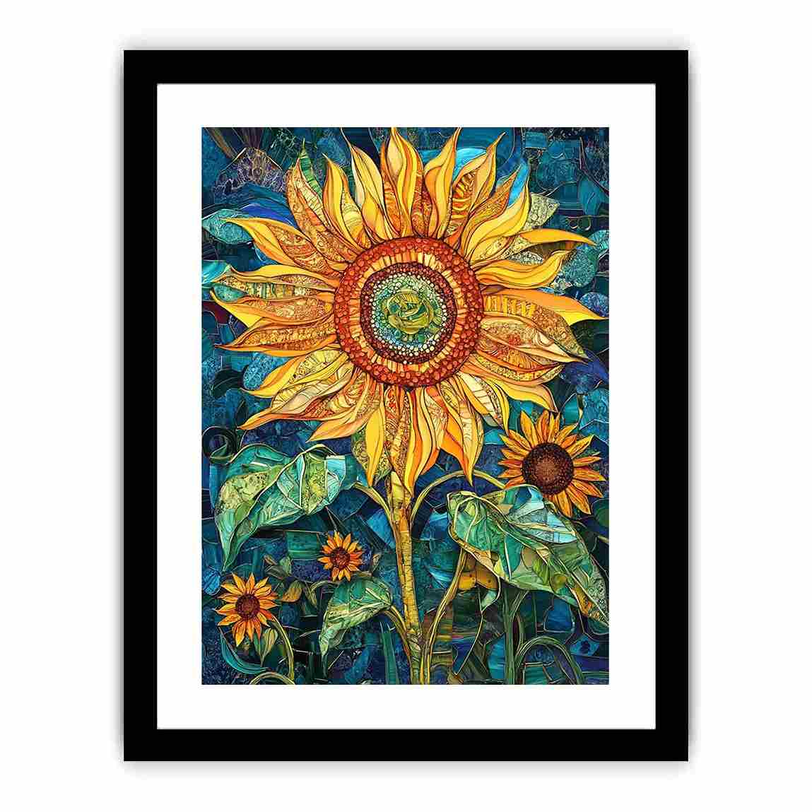 Large sunflower mosaic canvas art in yellow and teal for modern room decor.
