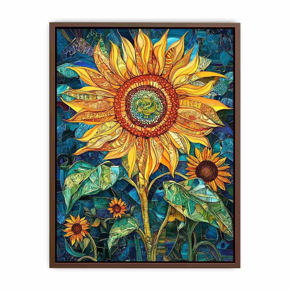 Large sunflower mosaic canvas art in yellow and teal for modern room decor.