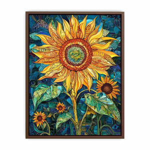 Large sunflower mosaic canvas art in yellow and teal for modern room decor.