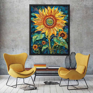 Large sunflower mosaic canvas art in yellow and teal for modern room decor.