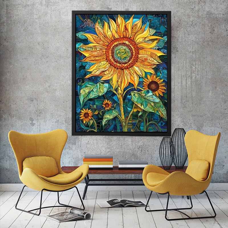 Large sunflower mosaic canvas art in yellow and teal for modern room decor.