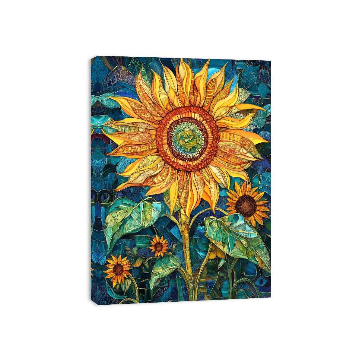 Large sunflower mosaic canvas art in yellow and teal for modern room decor.