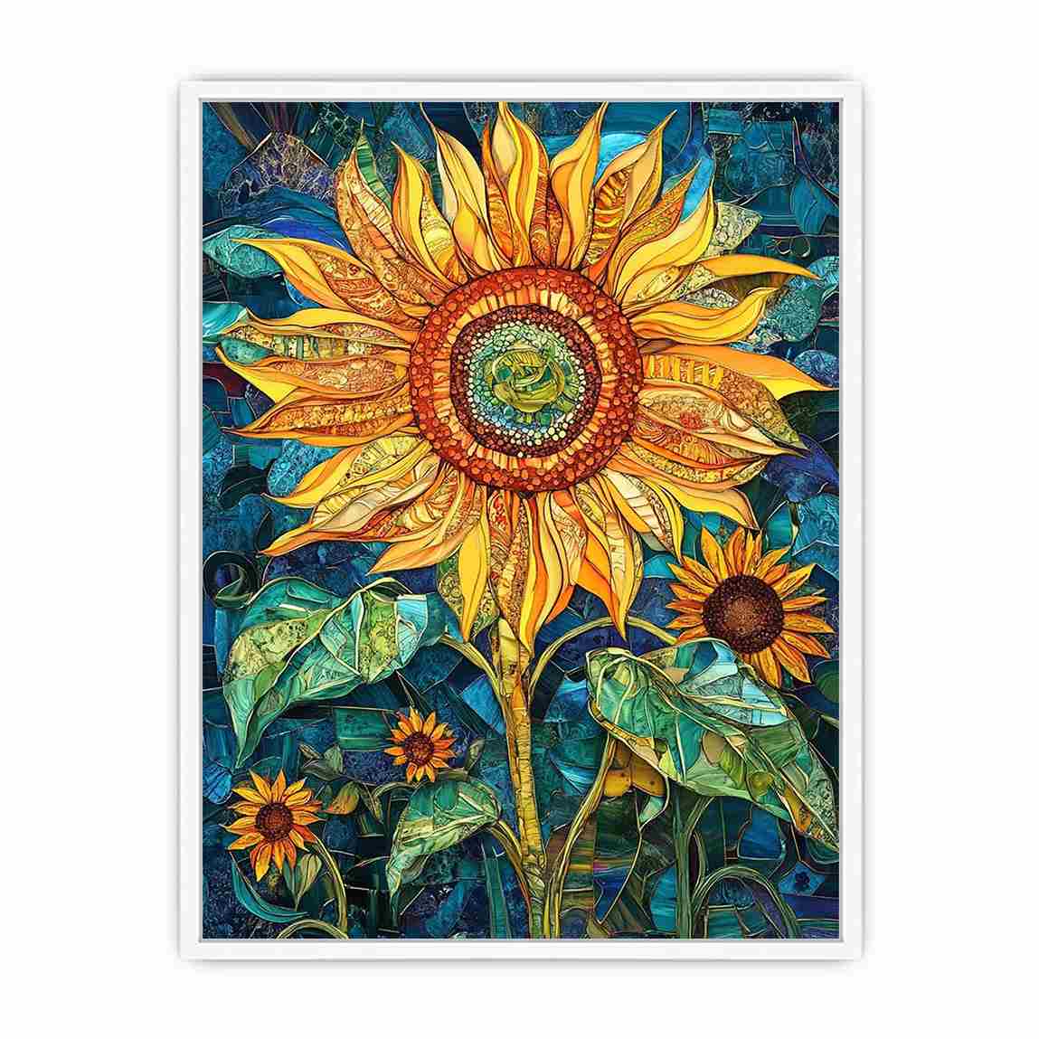 Large sunflower mosaic canvas art in yellow and teal for modern room decor.