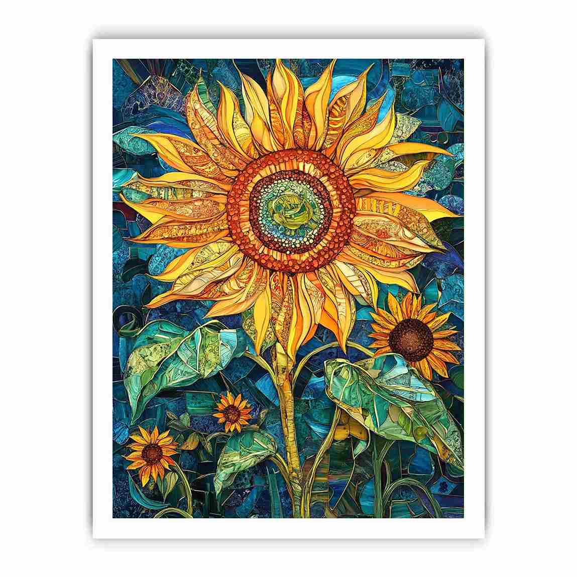Large sunflower mosaic canvas art in yellow and teal for modern room decor.