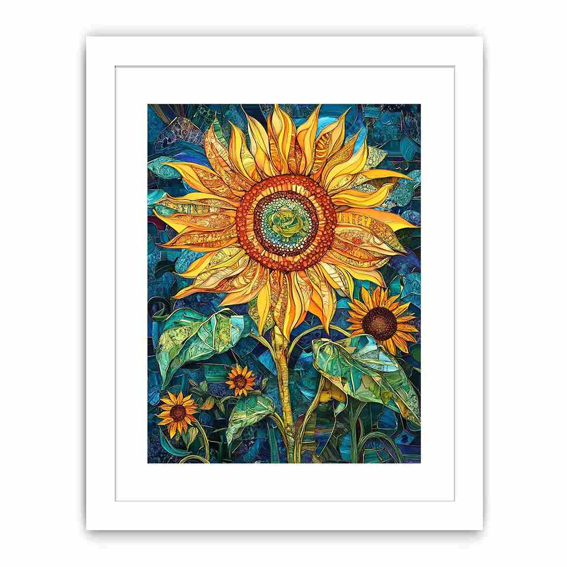 Large sunflower mosaic canvas art in yellow and teal for modern room decor.