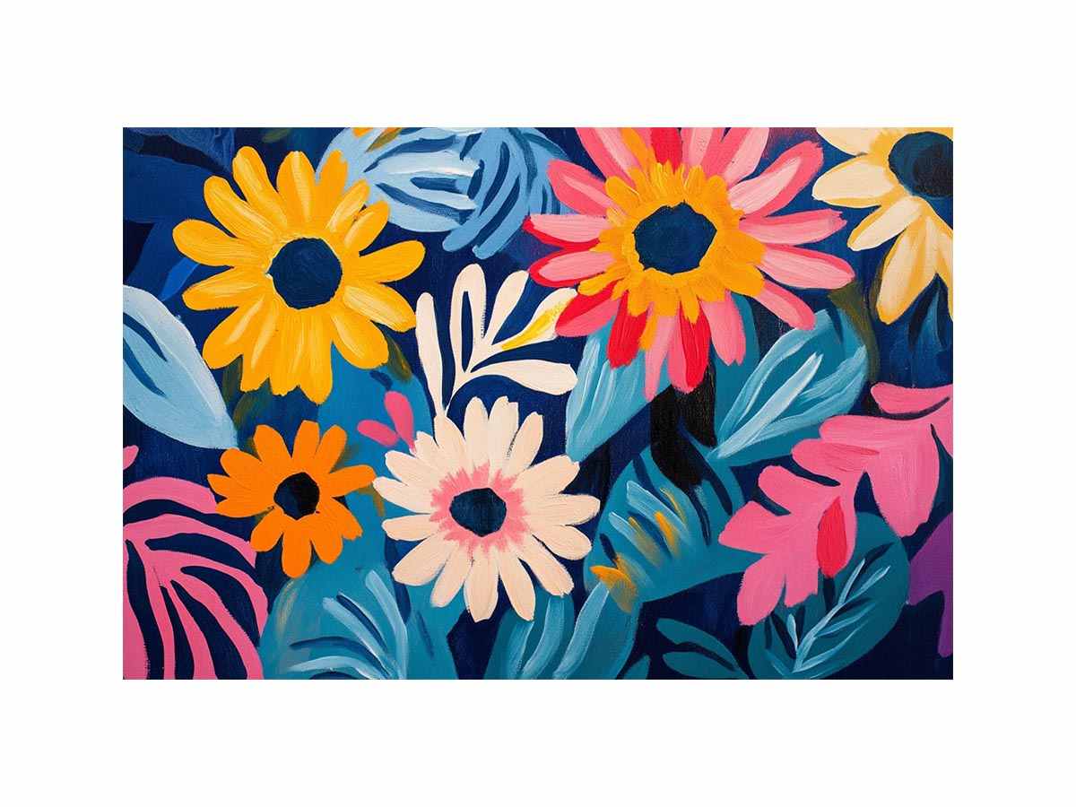 Colourful floral canvas art with daisies and blue leaves for modern living room decor.