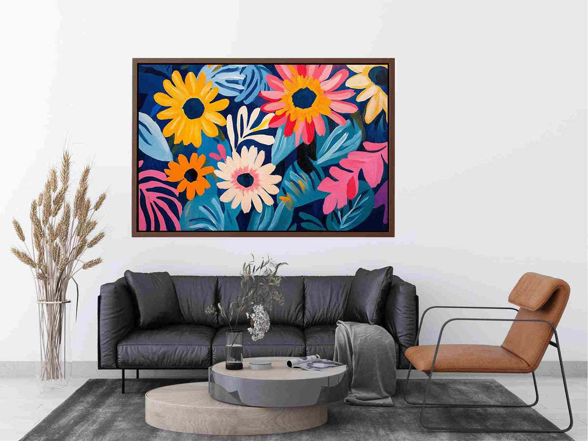 Colourful floral canvas art with daisies and blue leaves for modern living room decor.