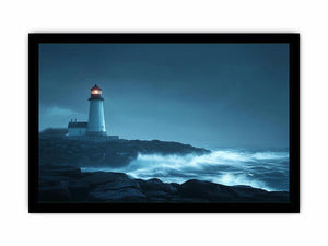 Moody lighthouse canvas art with ocean waves for coastal living room decor.