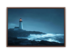 Moody lighthouse canvas art with ocean waves for coastal living room decor.