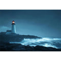 Moody lighthouse canvas art with ocean waves for coastal living room decor.